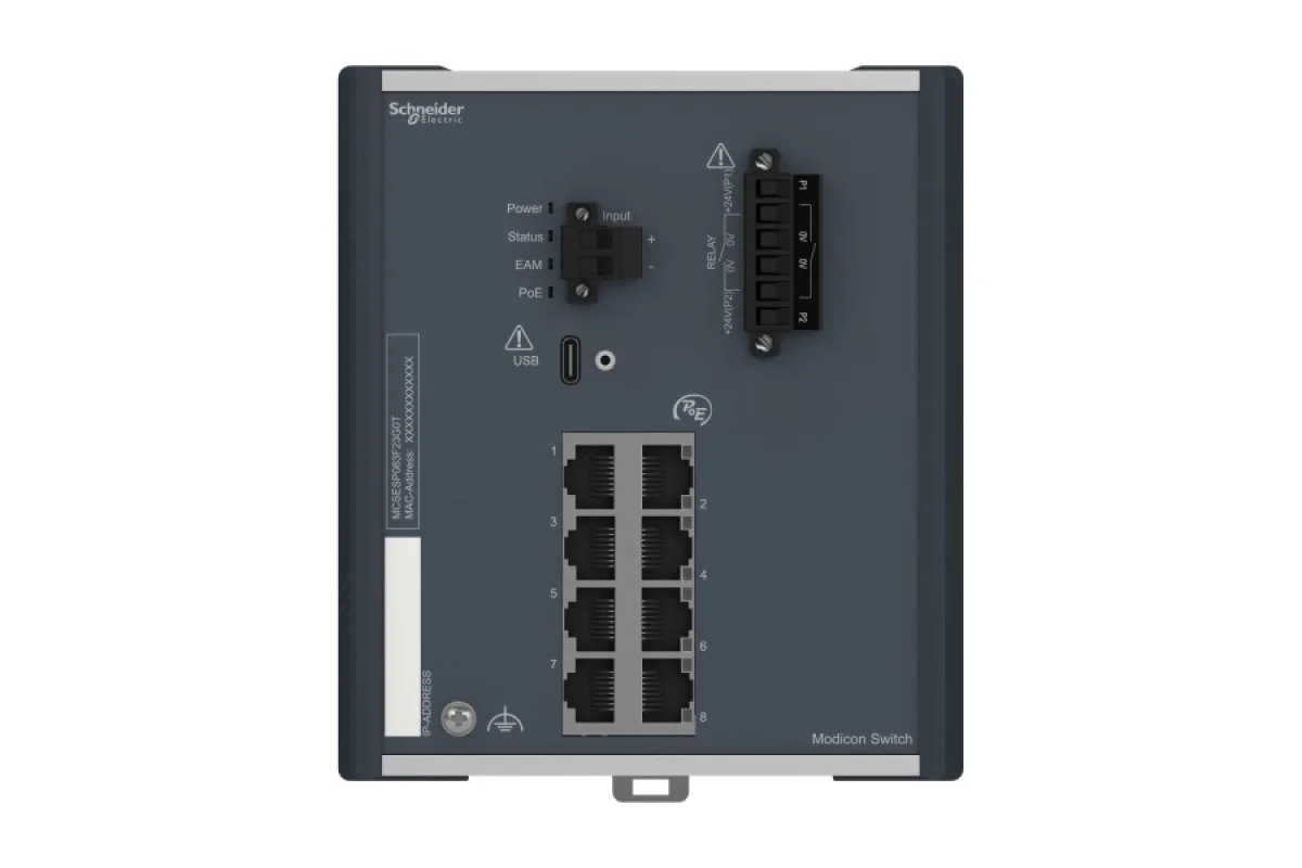 Управляемый сетевой коммутатор Modicon PoE (питание через Ethernet), 8 гигабитных портов для медного кабеля, расширенный температурный диапазон (MCSESP083F23G0T)